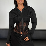 Lace Patchwork Zipper Hooded Coats GOMN-71348