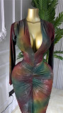 Print Deep V Neck Long Sleeve Long Dress GMSF-9464