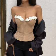 Embroidered Lace Patchwork Tie Up Fishbone Top GOMN-71138