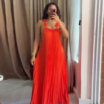 Solid Color Backless Press Pleated Maxi Dress GMSF-9439