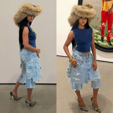 Casual Brushed Faux Two-Piece Denim Culottes SH-391453