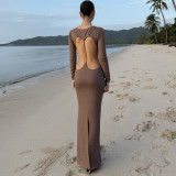 Hollow Out Backless Long Sleeve Maxi Dress GYME-K25D86524