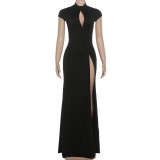 Solid Color Short Sleeve Split Maxi Dress GYME-K25D87967