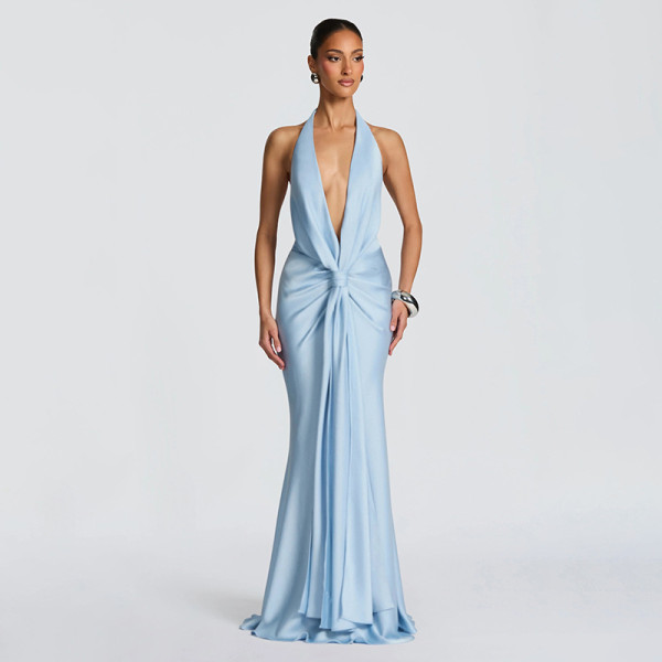 Solid Color Deep V Neck Backless Maxi Dress GYME-K25D86748