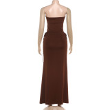 Solid Color Wrap Chest Bodysuit Drawstring Long Skirt Suit  GYME-K25S88877
