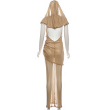 Sexy Backless Deep V Neck Hooded Maxi Dress GYME-K25D87602