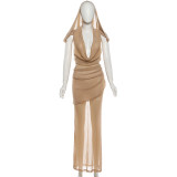 Sexy Backless Deep V Neck Hooded Maxi Dress GYME-K25D87602
