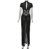 See Through Patchwork Split Maxi Dress GYME-K25D86944