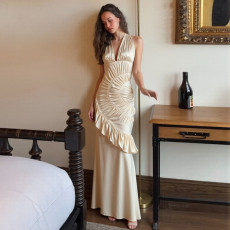 Solid Color V Neck Backless Ruched Maxi Dress GYME-K25D87466