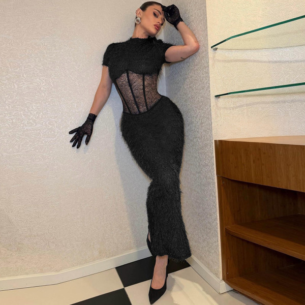 See Through Patchwork Split Maxi Dress GYME-K25D86944