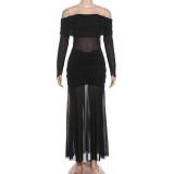 Mesh See Through Ruched Maxi Dress GYME-K25D87298