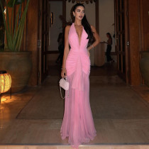 Mesh Patchwork Sleeveless Backless Maxi Dress GYME-K25D87083