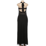 Sexy Mesh Patchwork Tie Up Backless Maxi Dress GYME-K25D90101