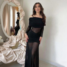 Mesh See Through Ruched Maxi Dress GYME-K25D87298