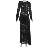 Long Sleeve See Through Split Maxi Dress GYME-K25D88760