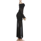 Mesh See Through Ruched Maxi Dress GYME-K25D87298