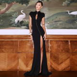 Solid Color Short Sleeve Split Maxi Dress GYME-K25D87967