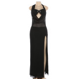 Sexy Mesh Patchwork Tie Up Backless Maxi Dress GYME-K25D90101