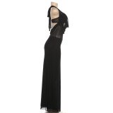 Sexy Mesh Patchwork Tie Up Backless Maxi Dress GYME-K25D90101