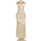 Solid Color V Neck Backless Ruched Maxi Dress GYME-K25D87466