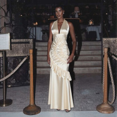 Solid Color V Neck Backless Ruched Maxi Dress GYME-K25D87466