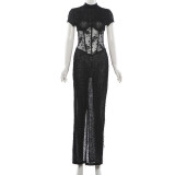 See Through Patchwork Split Maxi Dress GYME-K25D86944