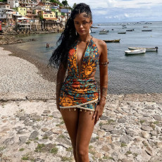 Print Halterneck Backless Tie Up Mini Dress GYME-K25D88671