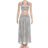 Sexy Halterneck Tie Up Tops Ruched Long Skirts Suit GYME-K25S87460