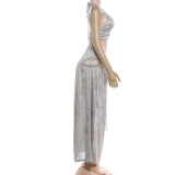 Sexy Halterneck Tie Up Tops Ruched Long Skirts Suit GYME-K25S87460