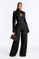 Solid Color Tie Up Bow Wide Leg Jumpsuit OSM-4496