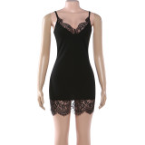 V Neck Backless Lace Patchwork Mini Dress GYME-K25D90174