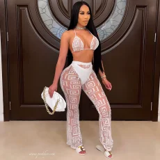 Print Halterneck Bikinis+See Through Pants Suit HNIF-HN023