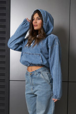 Loose Washed Hooded Denim Long Sleeve Tops GYAN-89362