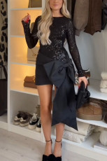 Long Sleeve Sequin Patchwork Bow-tie Mini Dress GSNU-8216