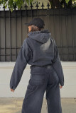 Loose Washed Hooded Denim Long Sleeve Tops GYAN-89362