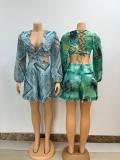 Deep V Neck Print Ruffles Romper GMYU-2916