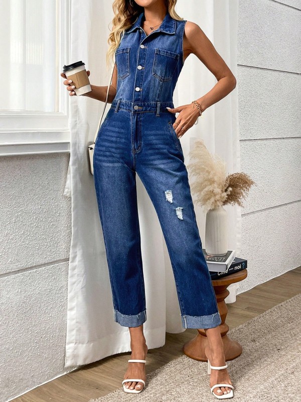 Retro Sleeveless Casual Denim Jumpsuit GYXN-16206
