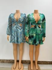 Deep V Neck Print Ruffles Romper GMYU-2916