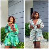 Deep V Neck Print Ruffles Romper GMYU-2916
