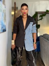 Irregular Patchwork Contrast Color Denim Blazer Coats GYLN-0281