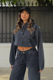 Loose Washed Hooded Denim Long Sleeve Tops GYAN-89362