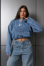 Loose Washed Hooded Denim Long Sleeve Tops GYAN-89362
