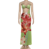 Sexy Wrap Chest Print Sling Maxi Dress XEF-K25D88764