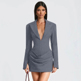 Deep V Neck Long Sleeve Ruched Mini Dress GAXB-W535DS