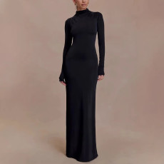 Long Sleeve Solid Color Backless Maxi Dress GAXB-W528DS