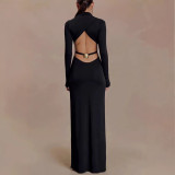 Long Sleeve Solid Color Backless Maxi Dress GAXB-W528DS