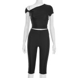Slash Shoulder Solid Color Top Seven-Tenths Pants Suit MXBF-J25ST489