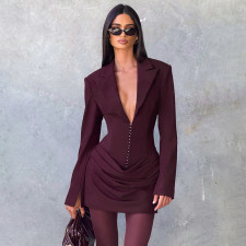 Deep V Neck Long Sleeve Ruched Mini Dress GAXB-W535DS