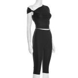Slash Shoulder Solid Color Top Seven-Tenths Pants Suit MXBF-J25ST489