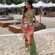 Sexy Wrap Chest Print Sling Maxi Dress XEF-K25D88764